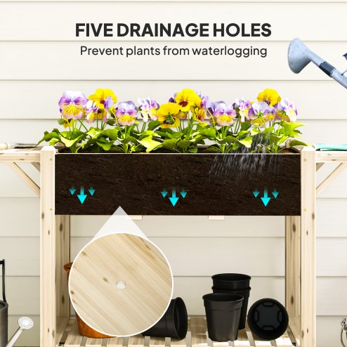 Outsunny Raised Garden Bed, Wooden Elevated Planter Box with Lockable Wheels, Side Tables and Bottom Shelf, Outdoor Planter with Liner and Drainage Holes for Vegetables, Flowers, Fruits, Natural