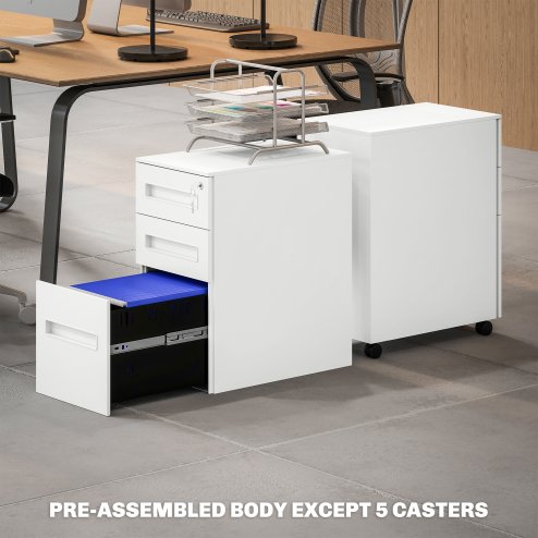 Vinsetto Metal Mobile File Cabinet with Wheels, Lockable 3 Drawer Filing Cabinet for A4, Legal, Letter, Compact Under Desk Storage Unit with Pre-Assembled Body for Home Office, 30 x 43.5 x 60cm, White