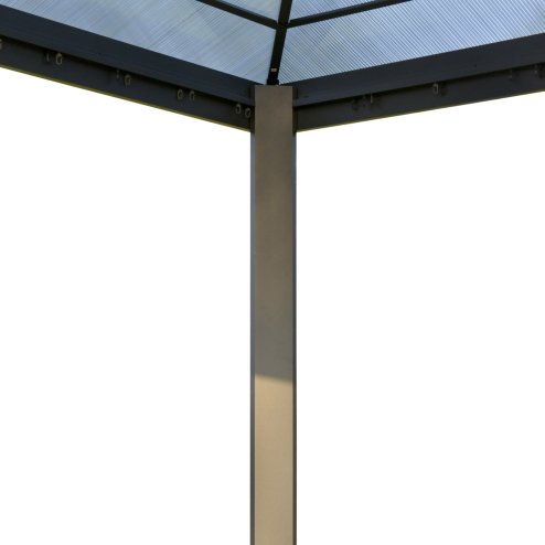 Outsunny 3 x 3(m) Hardtop Gazebo Canopy with Polycarbonate Roof, Aluminium Frame, Permanent Pavilion Garden Gazebo with Netting and Curtains for Patio, Deck, Dark Grey