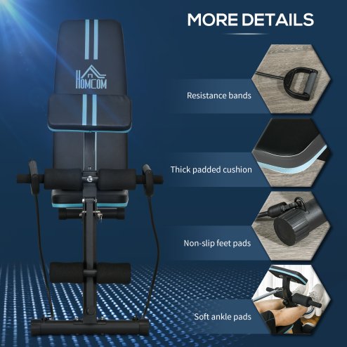 HOMCOM Foldable Weight Bench, Strength Training Sit Up Bench, Incline Decline Bench with 7-Level Backrest, Leg Extension Machine, Preacher Pad and Resistance Band for Home Gym Workout, Blue