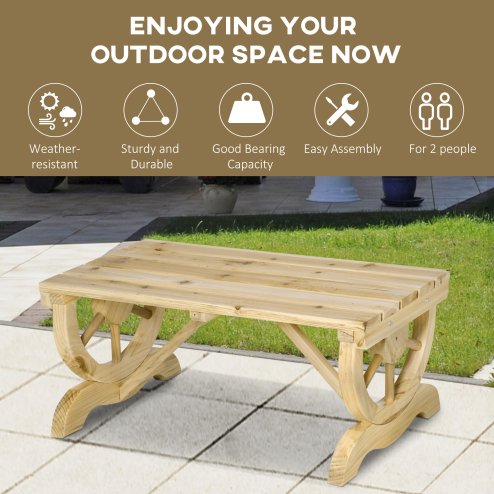 Outsunny Garden Rustic Wooden Bench Wheel-Shaped Legs Slatted Seat Stable Reinforced Structure Outdoor Patio Garden 2-Person Bench Seat - Natural Wood Effect