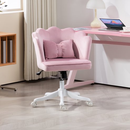 HOMCOM Velvet Office Chair with Petal Shell Back and Lumbar Pillow, Armless Desk Chair with Wide Seat and Tilt Function, Height Adjustable Swivel Makeup Vanity Chair for Bedroom, Pink