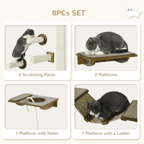 PawHut 8Pcs Cat Shelves, Cat Wall Furniture with Scratching Posts, Perches, Ladder, Wall Mounted Cat Tree for Sleeping, Playing, Lounging - Brown
