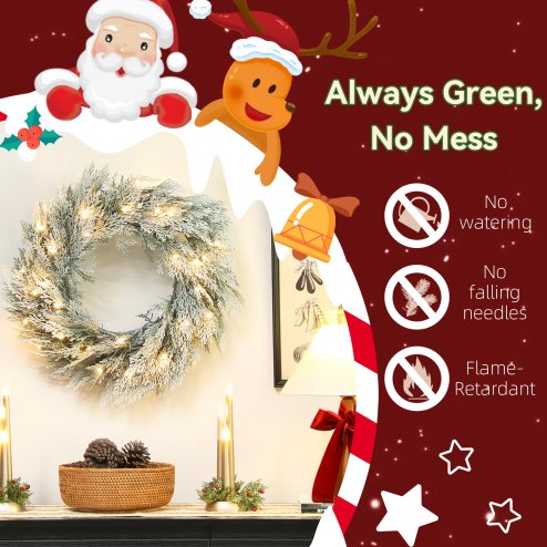HOMCOM 60cm/ 24inch Prelit Christmas Wreath with 35 Warm White LED Lights, Timer, Battery Operated, Flocked Winter Door Wreath with All Realistic Branches, Silver Tone Glitter for Home Decorations