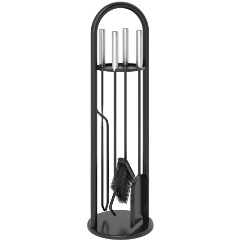 Outsunny 5 Pieces Fireplace Tools Set, Metal Fireplace Accessories Fireside Companion Set with Broom, Shovel, Poker and Bucket, Silver