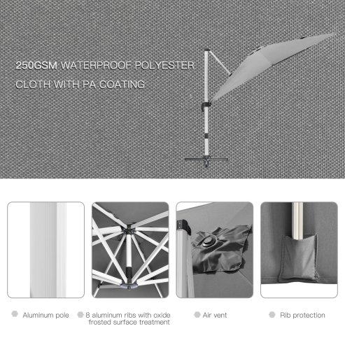 Outsunny 3 x 3(m) Cantilever Roma Parasol, Square Garden Umbrella with Cross Base, Crank Handle, Tilt, 360 Rotation and Aluminium Frame, Grey