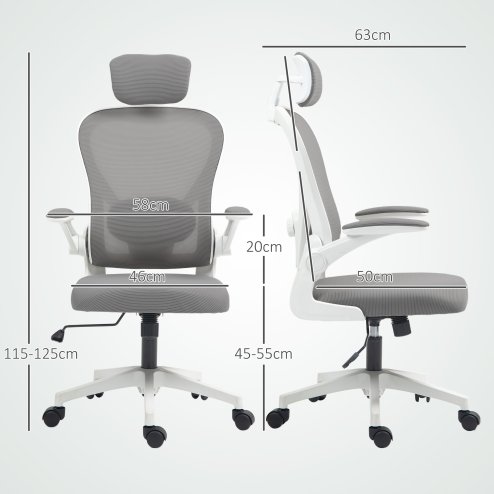 HOMCOM Executive Office Chair, Ergonomic Mesh High Back Desk Chair with Flip-up Armrest, Rotatable Headrest, Adjustable Lumbar Support for Home Study, Grey