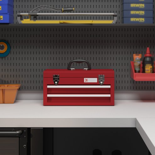 DURHAND 2 Drawer Tool Chest, Lockable Metal Tool Box with Ball Bearing Runners, Portable Toolbox, 460mm x 240mm x 220mm, Red