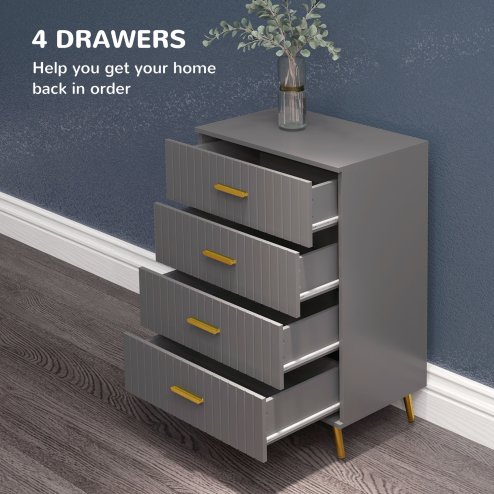 HOMCOM Bedroom Chest of Drawers, Modern 4-Drawer Dresser, Storage Drawer Unit with Aluminium Legs, Dark Grey
