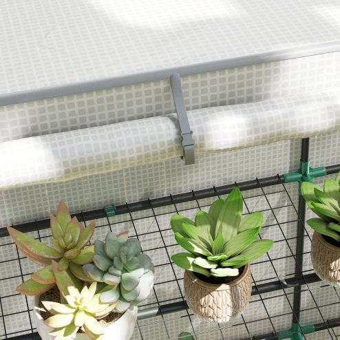 Outsunny 3 Tier Lean-to Mini Greenhouse with Reinforced PE Cover, Portable Small Greenhouse with Roll-Up Door, Grey Hemmed Edging, 144 x 48 x 152cm, White