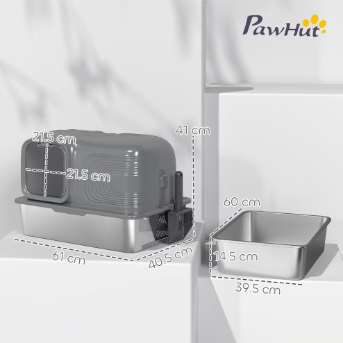 PawHut Stainless Steel Litter Tray with Plasma Deodoriser System, 65L Extra Large Enclosed Litter Box with Lid High, Sided Wall and Scoop for Larger Cats, Easy to Clean & Odour-Resistant, Grey