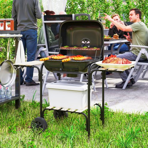 Outsunny Charcoal Barbecue Grill Portable BBQ Grill with 1840 cm? Cooking Area, 3 Shelves, Adjustable Vent, Lockable Lid, Wheels for Outdoor Cooking, Garden Party, Black
