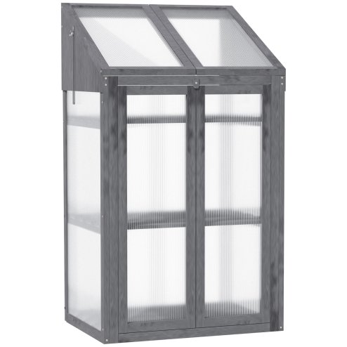 Outsunny Wooden Cold Frame Polycarbonate Greenhouse with Openable Top Cover and Double Door, Grow House for Flower, Vegetable and Plants, 70 x 50 x 120cm, Grey