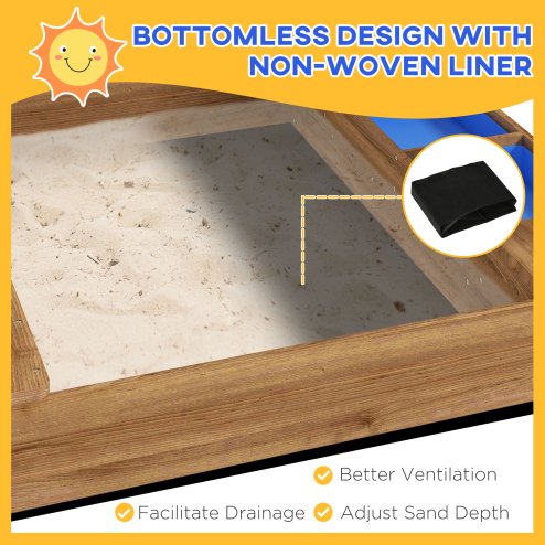 Outsunny Sand Pit Wooden Sandpit Kids Sandbox House for Outdoors, Gardens with Canopy, Liner, Blackboard, Sink, Seats, Flags, for Ages 3-7 Years - Brown