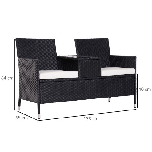 Outsunny 2 Seater Rattan Sofa with Cushions, Wicker Garden Loveseat with Armrests, Outdoor Garden Sofa Couch with Metal Frame for Patio, Black
