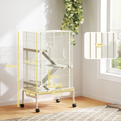 PawHut Rolling Rabbit Cage, 4 Level Rolling Rat Cage with 3 Ramps, Water Bottle, Food Dish, 15cm Deep Tray for Easy Cleaning, Small Pet Cage for Ferrets, Chinchillas, Squirrel, Syrian, Beige