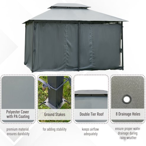 Outsunny 4m x 3(m)Garden Gazebo, Double Roof Outdoor Gazebo Canopy Shelter with Curtains, Solid Steel Frame for Patio, Garden