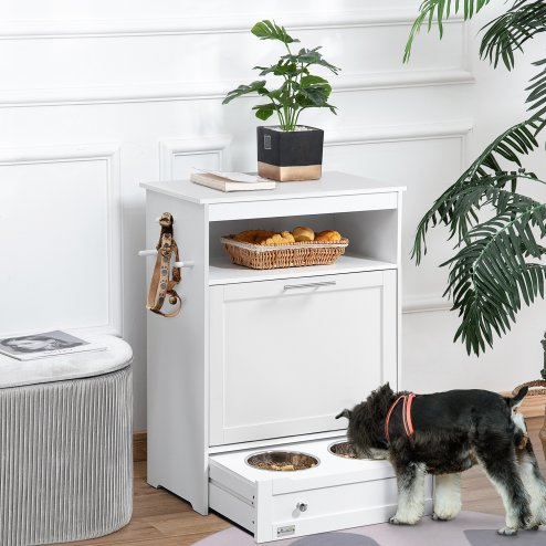 PawHut Pet Feeder Station, Dog Food Storage Container w/ Raised Dog Bowls, Hanger, for Food and Water - White