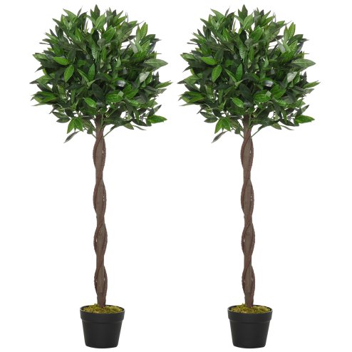 Outsunny Artificial Bay Laurel Topiary Trees w/ Pot Fake, Set Of 2 120cm/4FT Indoor Outdoor Greenery Plant Home Office Garden Decor Green