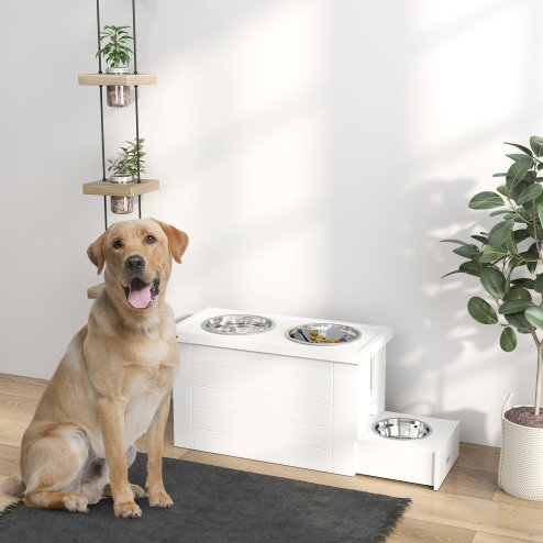 PawHut Raised Dog Bowls, Dog Feeding Station with Slow Feeder Mat, Storage Cabinet, 3 Stainless Steel Bowls, Semi-Auto Dispenser Function, for Large, Extra Large Breeds, White