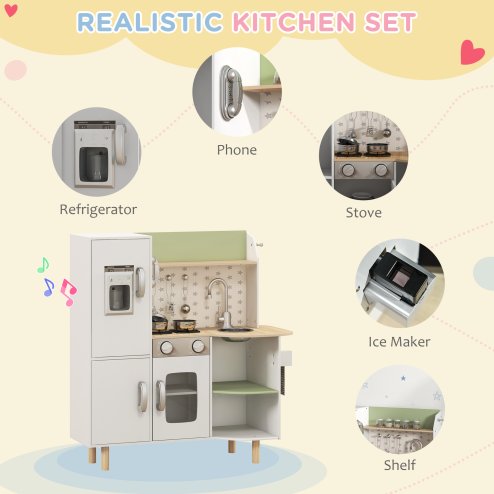 AIYAPLAY Toy Kitchen Playset, Kids Play Kitchen Role Playing Game with Phone, Ice Maker, Stove, Sink, Utensils, for Ages 3-6 Years - White