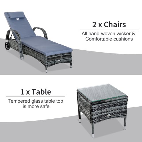 Outsunny 3 Pieces PE Rattan Patio Lounge Chair Set, Outdoor Recliner Lounge Chairs with Wheels, for Outside with Cushions, Headrest, Coffee Table for Garden, Poolside, Grey
