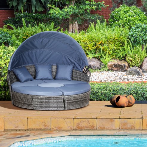 Outsunny PE Rattan Lounge Set, 5 Pieces Patio Conversation Furniture Set, Garden Round Sofa Bed with Cushion and Retractable Canopy, Grey