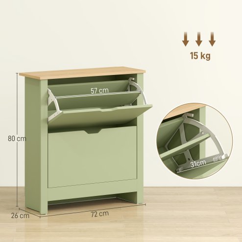 HOMCOM Narrow Shoe Cabinet, Space Saving Shoe Storage Cabinet with 2 Flip Drawers and Adjustable Shelves for 6-12 Pairs of Shoes for Hallways and Living Room, Green