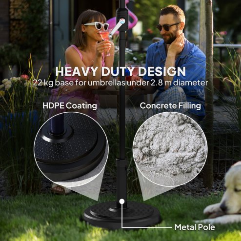 Outsunny 22kg Garden Parasol Base, Round HDPE Sun Umbrella Base, Heavy Duty Outdoor Umbrella Stand for 38mm or 48mm Outdoor Umbrella Poles, Black
