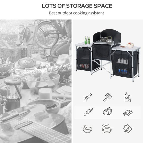 Outsunny Portable Camping Kitchen with Aluminium Frame, Fold-Up Cooking Table With Windscreen and 3 Enclosed Cupboards for BBQ, Party, Picnic, Black
