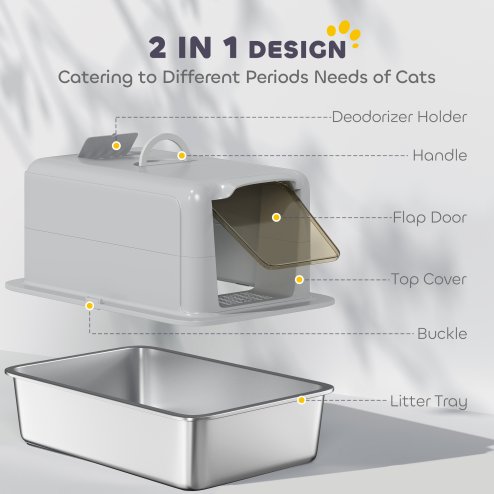 PawHut Stainless Steel Cat Litter Box, Extra Large Metal Cat Litter Tray with Lid, Scoop, Filter Bags, Grey