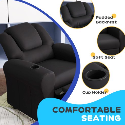 HOMCOM Kids Recliner, PU Leather Kids Armchair, Child Chair, Toddler Armchair with Adjustable Backrest, Footrest, Padded Headrest, Cup Holder, Black
