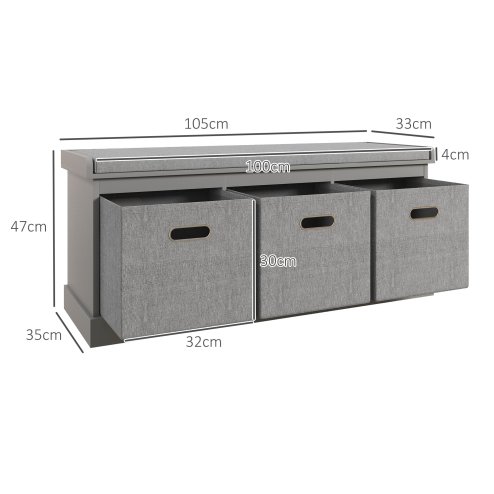 HOMCOM Shoe Bench with 3 Fabric Baskets, Shoe Storage Bench with Seat Cushion, Shoe Cabinet for Entryway, Hallway, Living Room, Bedroom