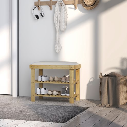 HOMCOM Bamboo Shoe Storage Bench, 3-Tier Shoe Bench with Seat Cushion, Shoe Rack for Entryway, Hallway, Living Room, Bedroom, Cream White