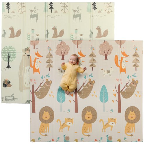 AIYAPLAY Baby Play Mat Double Sided, Foldable & Reversible Activity Playmat, Waterproof Kids Foam Crawling Mat for Outdoor Indoor Playtime Picnics, 196 x 176 x 1.5cm, Animal Theme
