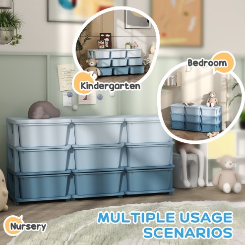 HOMCOM Kids Storage Units with 9 Drawers 3 Tier Chest Vertical Dresser Tower Toy Organiser for Nursery Playroom Kindergarten Blue