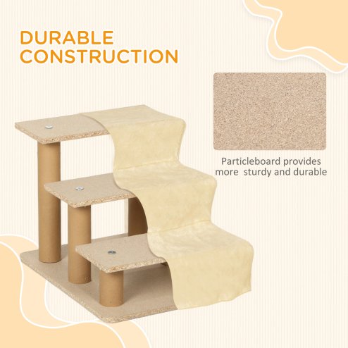 PawHut Dog Steps for Sofa, 3 Steps Dog Stairs, Pet Stairs, with Washable Plush Cover, for Small Breeds, Cats - Beige