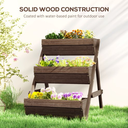 Outsunny 3 Tier 66L Raised Garden Bed Wooden Elevated Planter Box Kit for Flower, Vegetable, Herb, 65 x 75 x 76cm, Tan