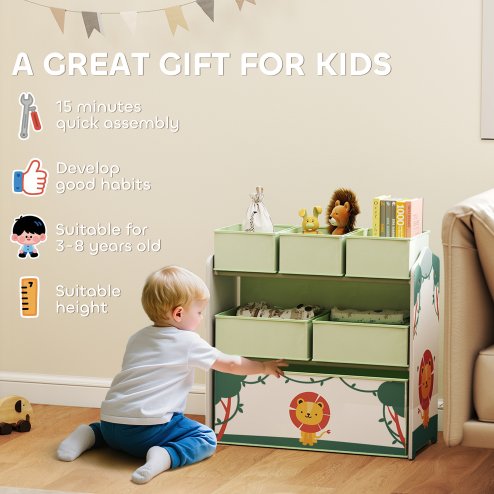AIYAPLAY Kids Toy Storage Units, 3-Tier Toy Organiser Shelf with 6 Removable Fabric Boxes for Kids, Boys, Girls, Bedroom, Playroom, Nursery, Green