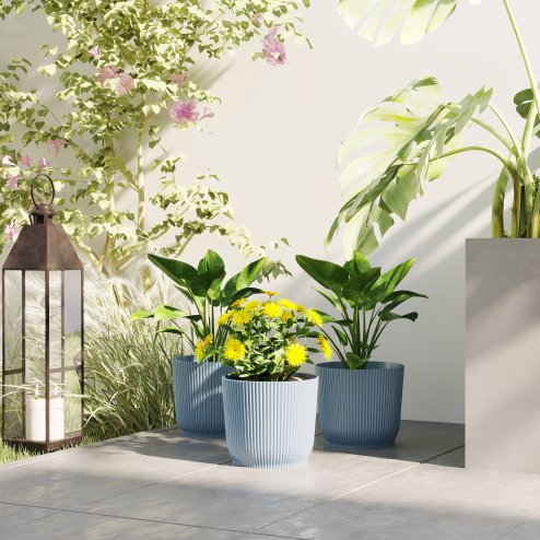 Outsunny Set of 3 Plastic Round Plant Pots Outdoor 22cm, Garden Planters, Flower Pots for Garden Decoration, Patios, Indoor, Outdoor, Home, Blue