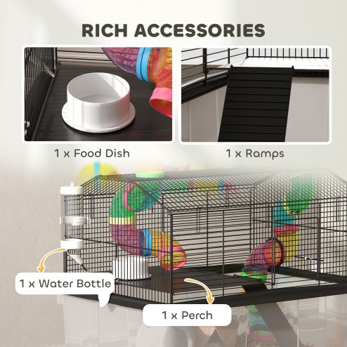 PawHut Hamster Cage, 2 Tier Gerbil Cage with 31cm Deep Tray, Tube System, Water Bottle, Ramp, Feeding Bowl, 58 x 43 x 57cm, Multicoloured