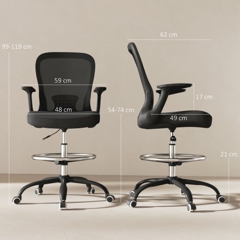 HOMCOM Drafting Chair, Swivel Draughtsman Chair, Ergonomic Office Chair, Mesh Standing Desk Chair with Flip-up Armrest, Lumbar Support, Adjustable Foot Ring, Black