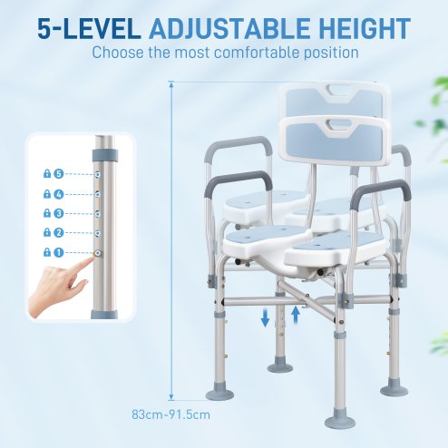 HOMCOM Shower Chair with Upgraded U-shaped Seat and Reinforced Crossbars, Height Adjustable Padded Bath Chair with Non-slip Feet for Elderly Seniors Disabled Handicap, Tool-Free Assembly