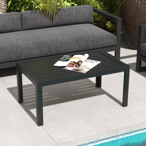 Outsunny Garden Coffee Table, Rectangular Patio Side Table with Steel Frame and Slat Tabletop for Outdoor, Balcony, 101.5 x 61cm, Black
