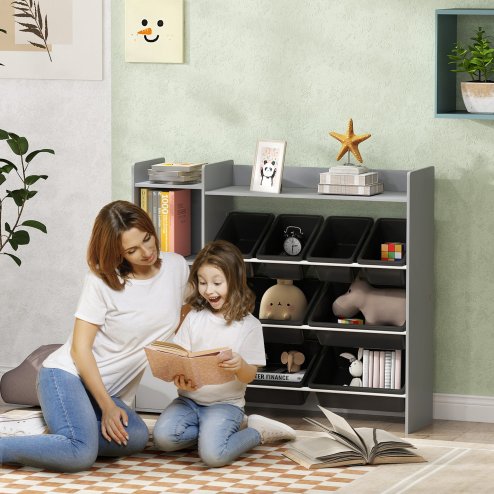 AIYAPLAY Toy Storage Unit, with 8 Removable Bins, Storage Shelves, Cabinet, Toy Organiser, for Playroom, Kids Room, Nursery, Grey
