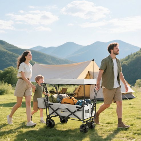 Outsunny 120L Festival Trolley on Wheels, Folding Camping Trolley Cart with Removable Canopy, All-Terrain Wheels, Adjustable Handle and Side Pockets for Garden Beach Fishing Shopping, Grey
