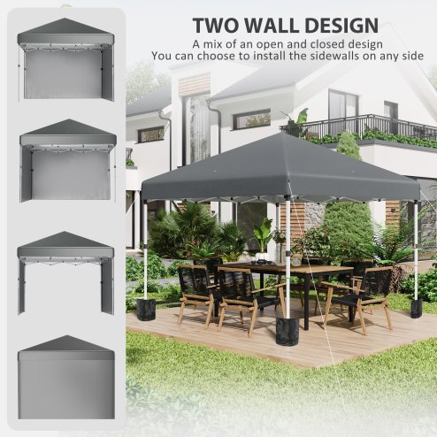 Outsunny 3 x 3 (M) Pop Up Gazebo, UPF 30+ with 2 Sidewalls, Leg Weight Bags and Wheeled Bag, Height Adjustable Party Tent Event Shelter for Garden, Patio, Dark Grey