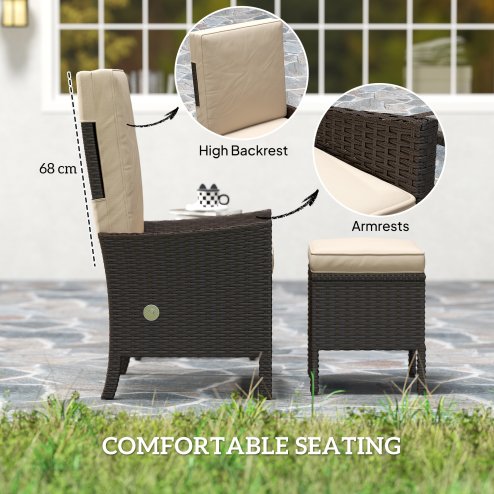 Outsunny 5 Piece Rattan Garden Furniture Set, Wicker Patio Sofa Set with 2 Armchairs, 2 Footstools, Glass Top Coffee Table with Shelf, Outdoor Furniture with Adjustable Backrests, Cushions, Khaki