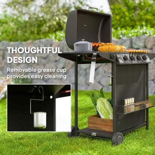 Outsunny 4+1 Burner Gas BBQ Grill, Portable Gas Barbecue Grill with Built-in Thermometer, Lid, Side Table, Shelf, Spice Rack, Wheels, Grease Cup for Garden Party Outdoor Cooking, Black