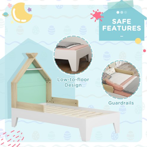 AIYAPLAY Toddler Bed Frame, Kids Bedroom Furniture, Treehouse Style Single Bed Frame with Safety Guardrails, 144L x 74W x 110Hcm, for Ages 3-8 Years, Green